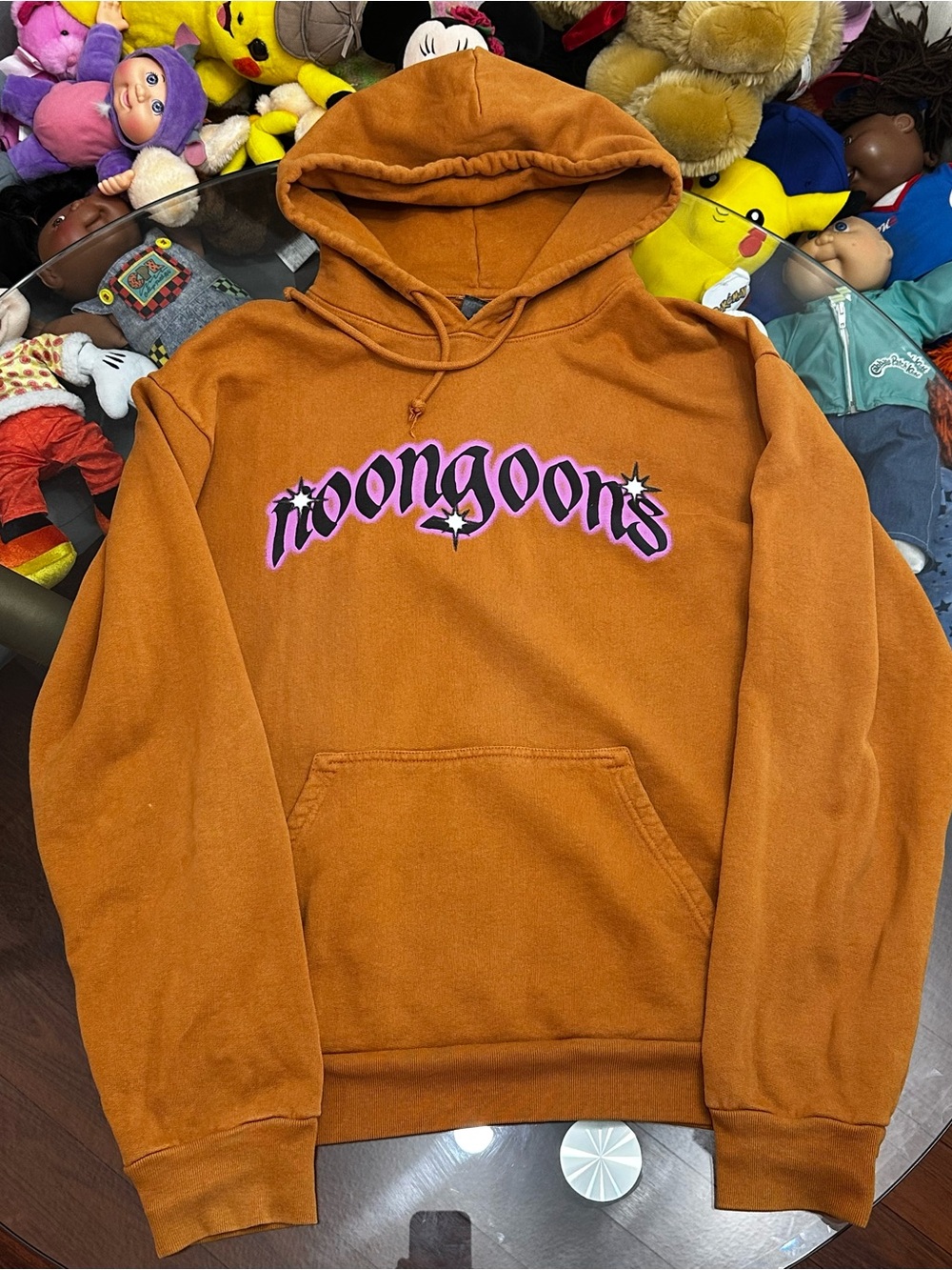 Noon Goons Mens Logo Pullover Hoodie Size Large Brown Tan Pink Gothic Spellout